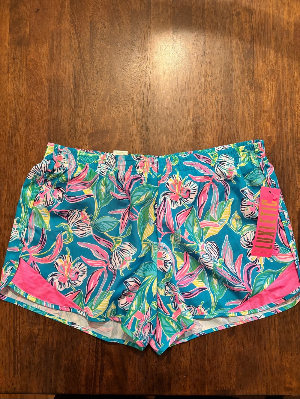 Lilly Pulitzer Teal Tropical Floral Athletic Shorts with Pink Trim